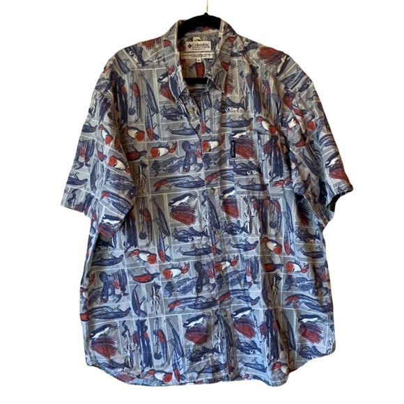 Columbia Men’s Fishing Lure Print Shirt XL Cotton Button-Up Short Sleeve Casual - Picture 1 of 11